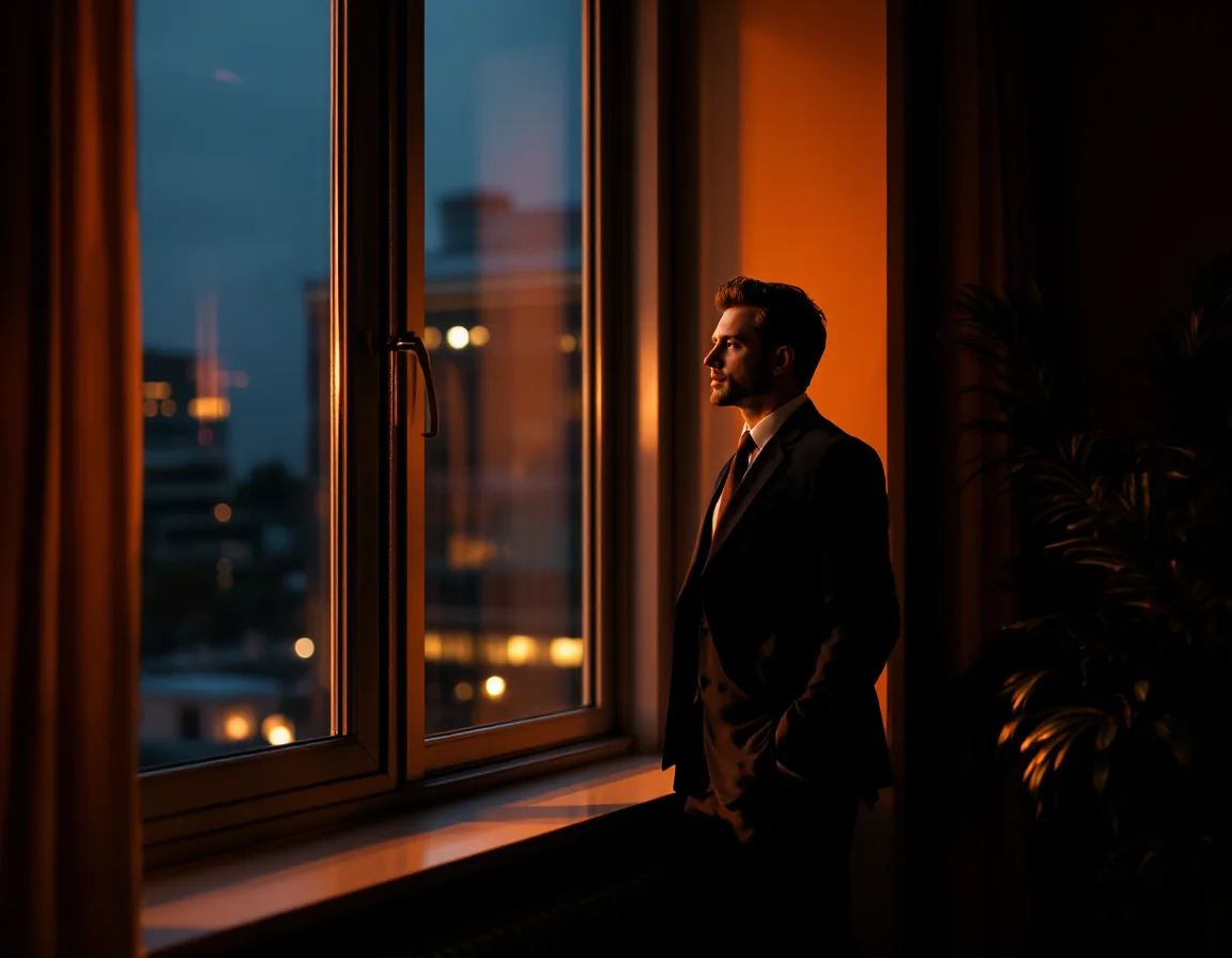 A composed executive at a window in warm evening light